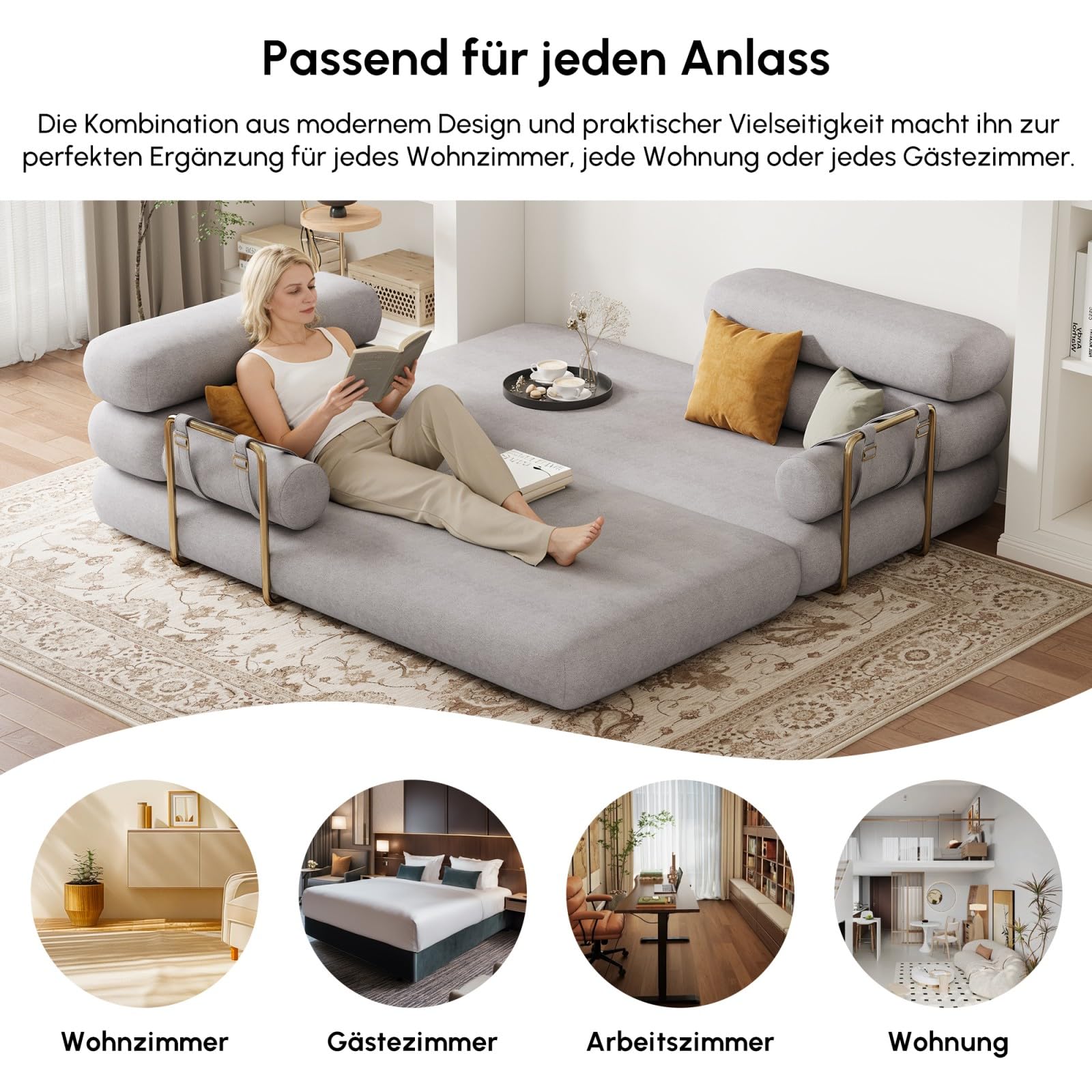 Homary Schlafsofa mit Schlaffunktion Klappbares, Samtbezug Sofa Bed Klappbett, 3-Sitzer Big Sofa 206 cm, Moderne Weiße Sofa mit Nackenkissen, Sofas & Couches für Wohnzimmer, Gästezimmer (Hellgrau)