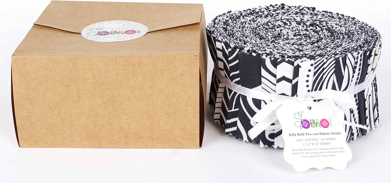 Soimoi 40Pcs Illusion Print Cotton Precut Fabrics for Quilting Craft Strips 2.5x42 inches Jelly Roll - White & Black