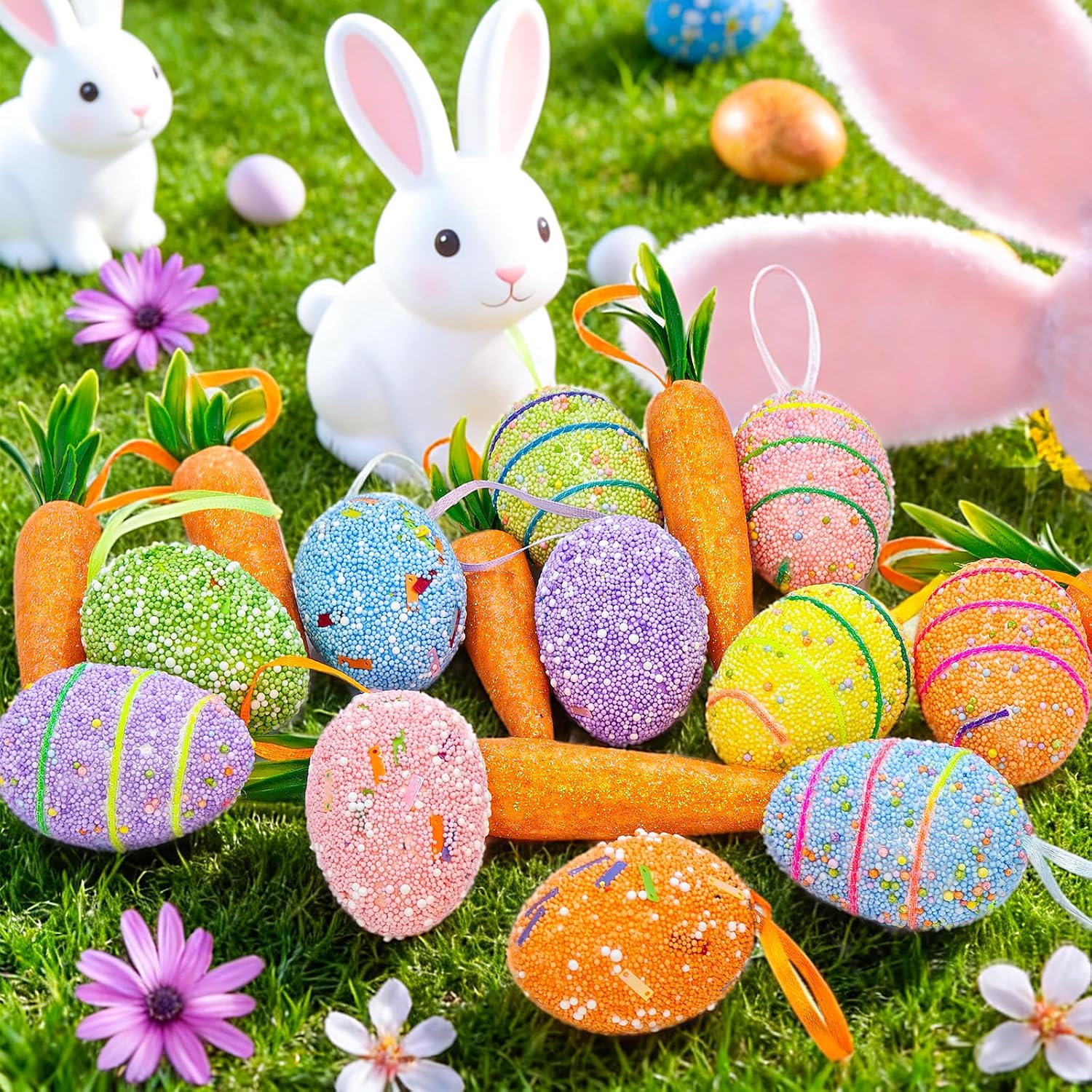 Easter Decorations for Home, 18PCS Easter Ornaments for Tree Colorful Foam Hanging Carrot Eggs Tree Ornaments for Party Outdoor Easter Decor DIY Crafts