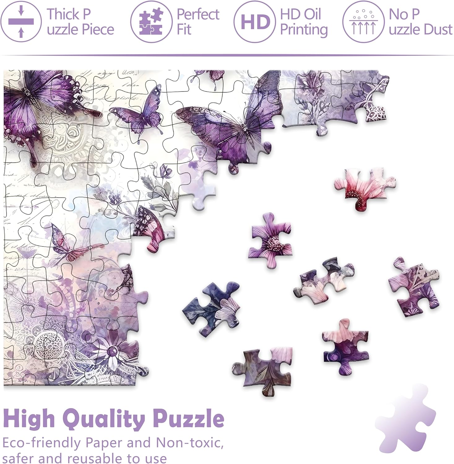 1024 Piece Jigsaw Puzzle for Adults, Hard Difficult Challenging Family Game Large Puzzle, Gift for Puzzle Lovers Purple Butterflies & Flowers (27.5 x 20 Inches)