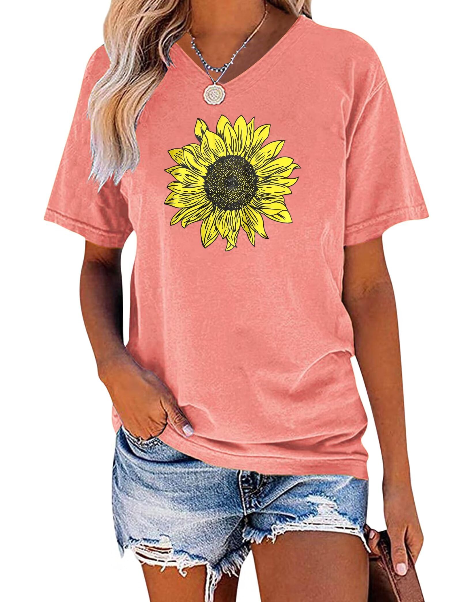 EADINVE Womens Short Sleeve V Neck Sunflower Graphic Printed Summer Tee Vintage T Shirt Cotton Tops Novelty Cool
