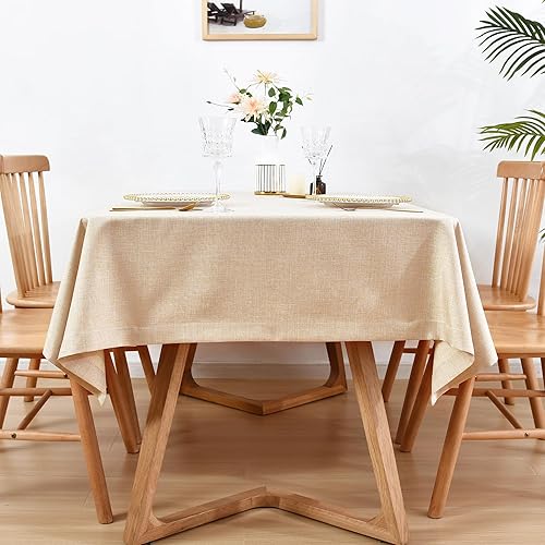 Miniatura 6 de Mantel rectangular de lino sintético resistente a las arrugas, tela resistente a las arrugas, 60 x 102 pulgadas, mantel oblongo, color beige, para