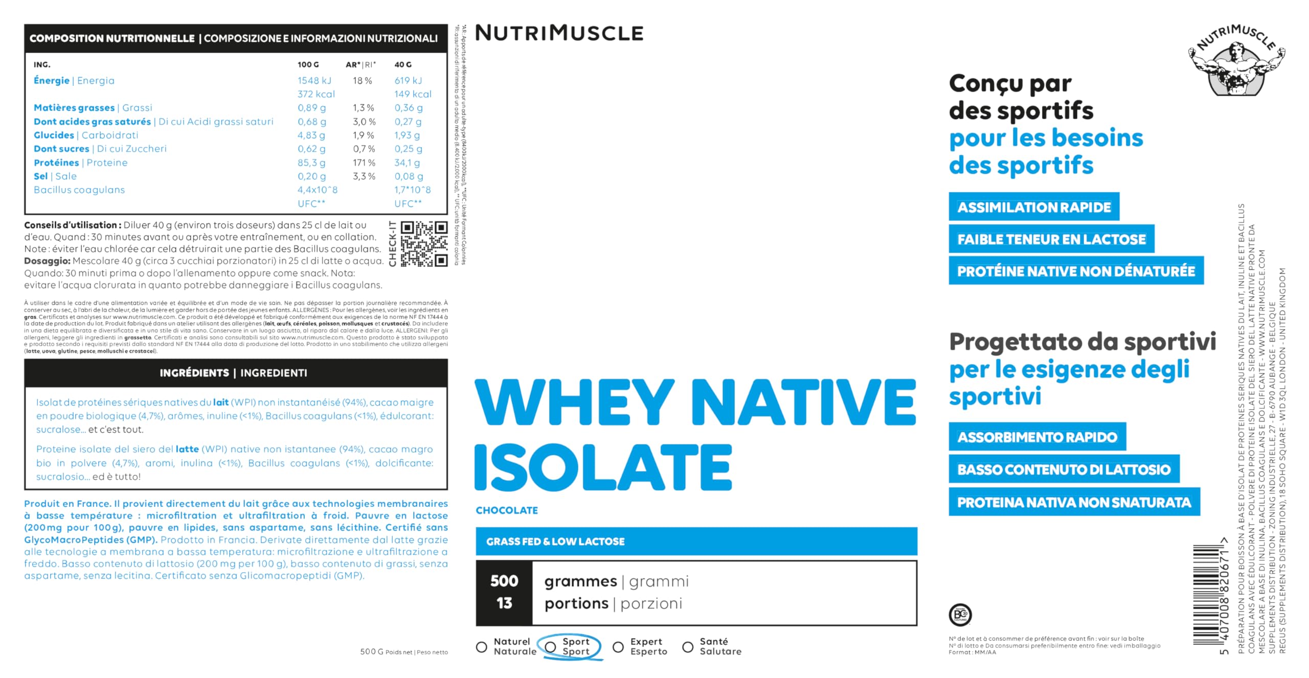 Aislado de Whey Nativo 100% Puro | Proteína de Suero en Polvo extraproteinada (90%) • Leche francesa • Creación muscular • Musculación/Fitness | Nutrimuscle | Aroma Natural Vainilla - 1,5 kg