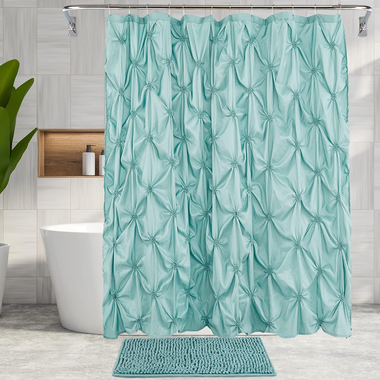 REEPLE Embroidered Textured Shower Curtain Set with Rugs and 12 Hooks for Bathroom Waterproof Fabric Shower Bath Curtain 72 x 72 Inch Green Blue