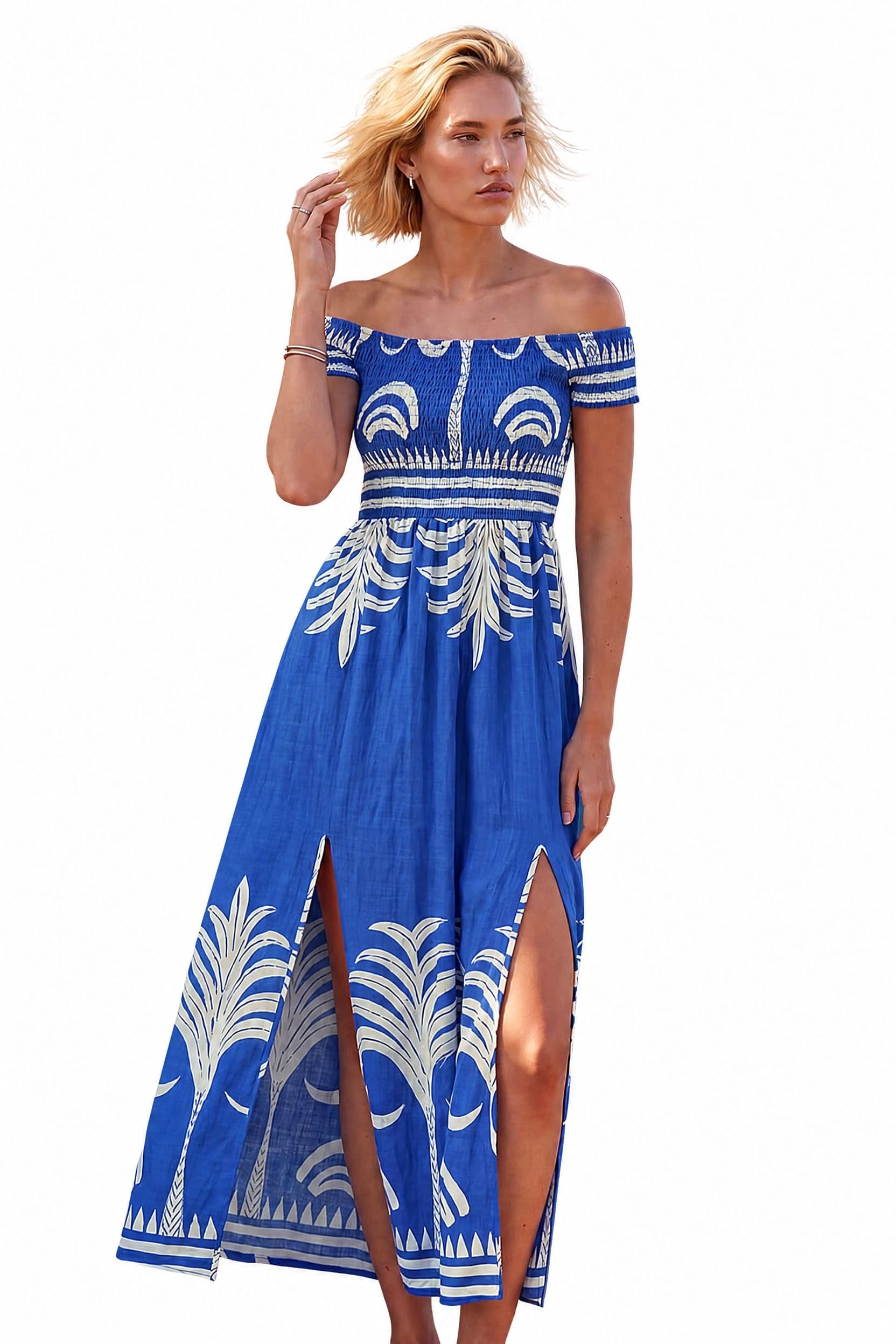 Roman Originals Women's Leaf Royal Blue Bardot Dress For Uk Shirred Chest Off Shoulder Cold Shoulder Maxi Midi Summer Beach Holiday Sleeveless Garden Cocktail Party Elasticated - Size 20
