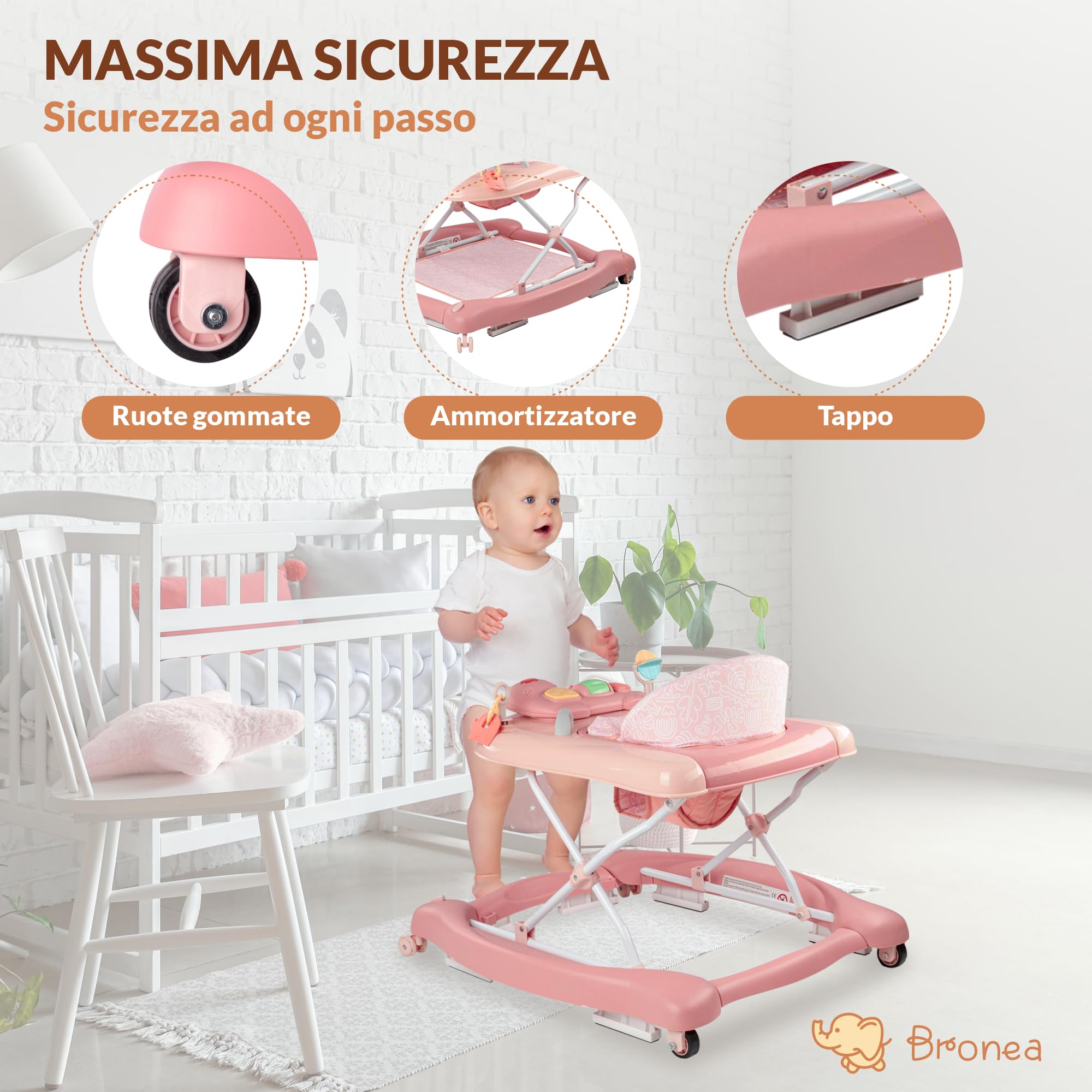 5-in-1 Girello per Bambini | Baby walker con funzione di dondolo, musica e luce | ausilio per la deambulazione dei bambini a partire da 6 mesi | regolabile in altezza | pieghevole | Rosa