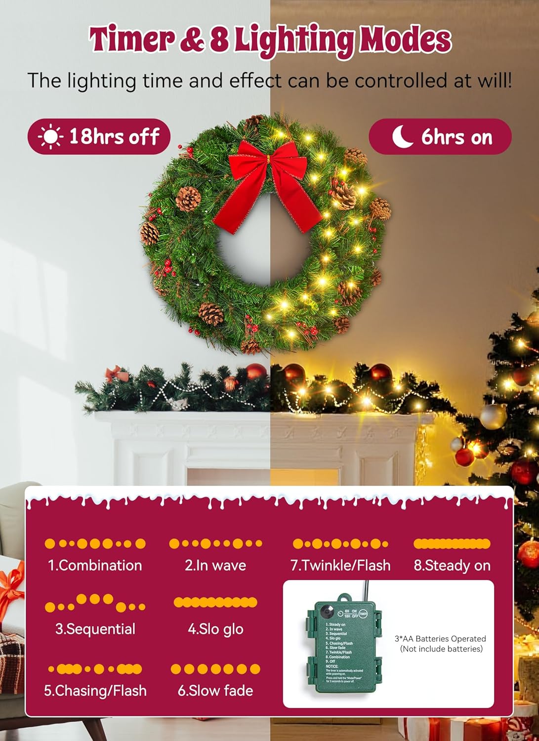 Brightown 24 Inch Pre-Lit Christmas Wreaths for Front Door, IP44 Battery Operated 50 LED Christmas Wreath, Decor with Pinecones Pine Needles Branches Red Berry Mini Bow for Front Door Wall Window - Image 4