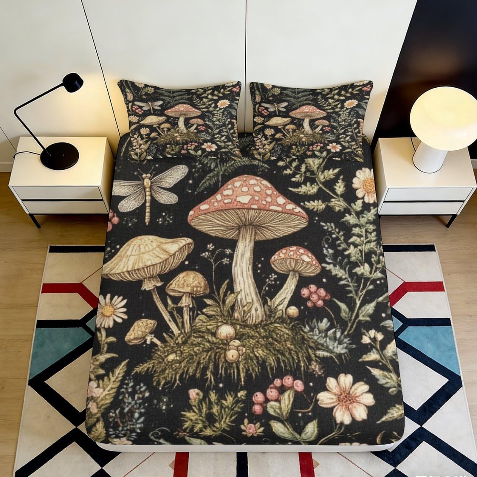 Jqzkxnhpbr Style-7 3D Printed Mushroom Forest Fitted Sheet Microfiber Soft Botanical Insect Bed Cover For Bedroom Guest Room Decor 90X200x25cm