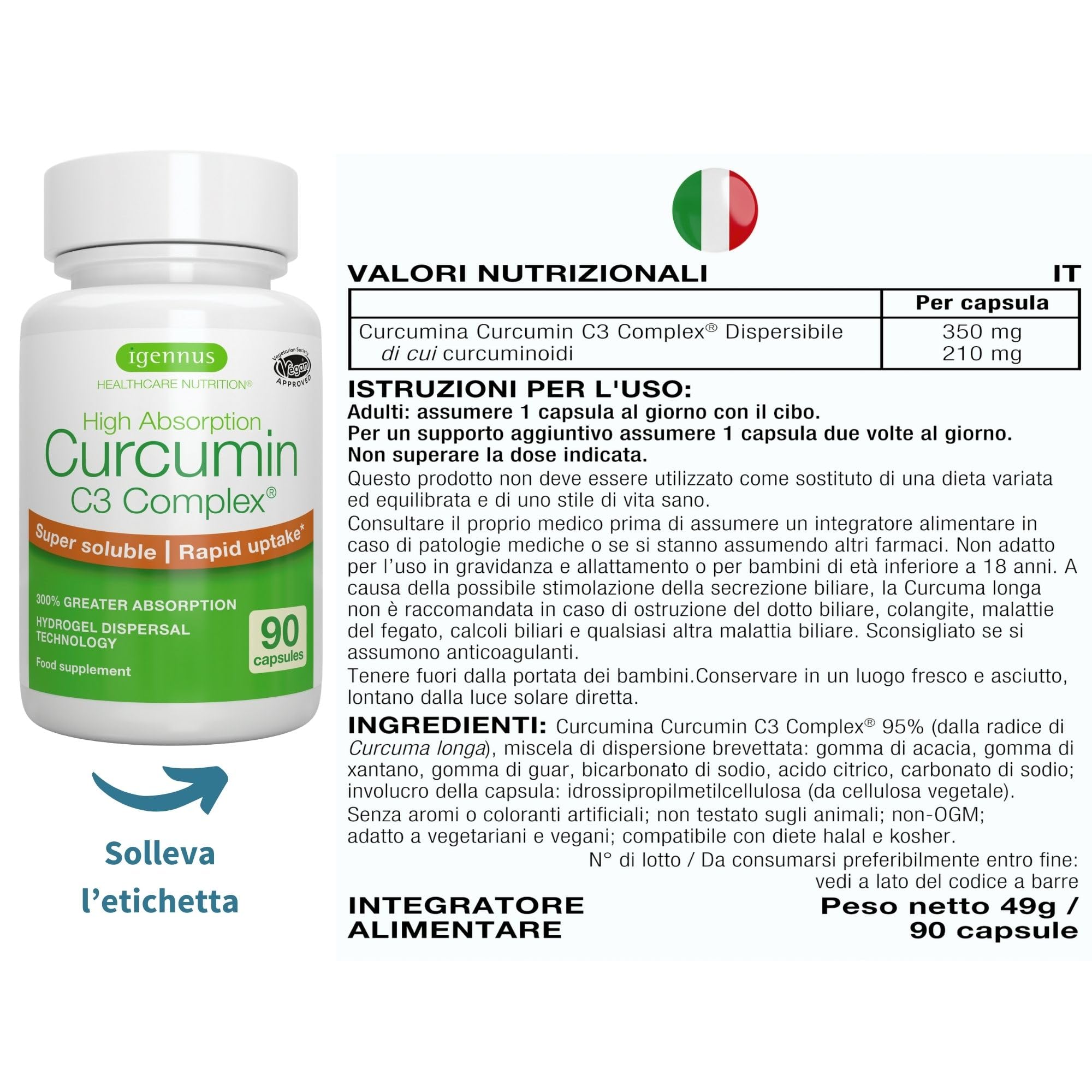 Igennus Curcumin C3 Complex Ultra Solubile, Senza Pepe Nero, Assorbimento Rapido e Superiore +300% rispetto alla Curcumina Classica, Estratto Standardizzato al 95%, 90 Capsule Vegane, 1 al giorno