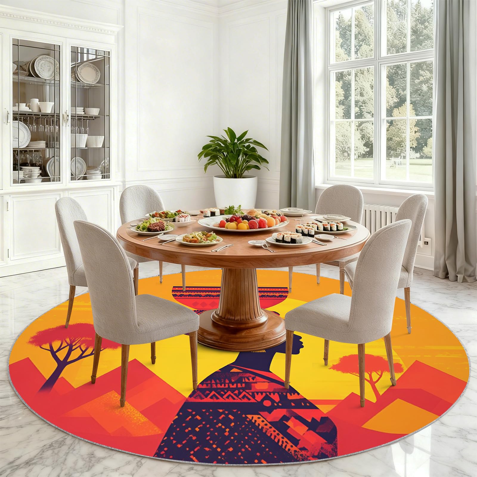 Générique Grand Tapis Rond Lavable à thème Africain pour Salon, Chambre à Coucher, Table à Manger, décoration d'intérieur - 160 cm