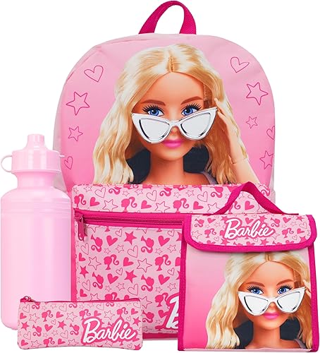 Barbie Juego de mochila de 4 piezas Juego de mochila escolar para niñas Mochila para niñas, bolsa de almuerzo, botella de agua y estuche para