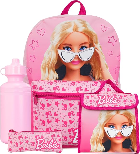 Barbie Backpack 4 Piece Set | Girls School Bag Set | Girls Backpack, Lunch Bag, Water Bottle and Pencil Case Set | Childrens Bag | Pink