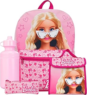 Barbie Backpack 4 Piece Set | Girls School Bag Set | Girls Backpack, Lunch Bag, Water Bottle and Pencil Case Set | Childrens Backpack | Pink