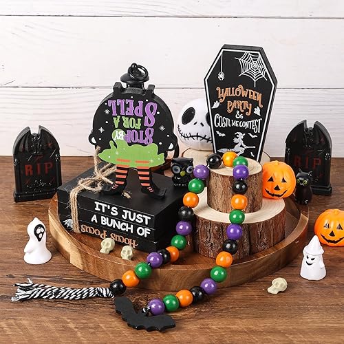 Hocus Pocus Halloween Decorations - 6 Pcs Set with Tombstones, Witches Cauldron, Beads Garland, Tiered Tray for Home Table Decor