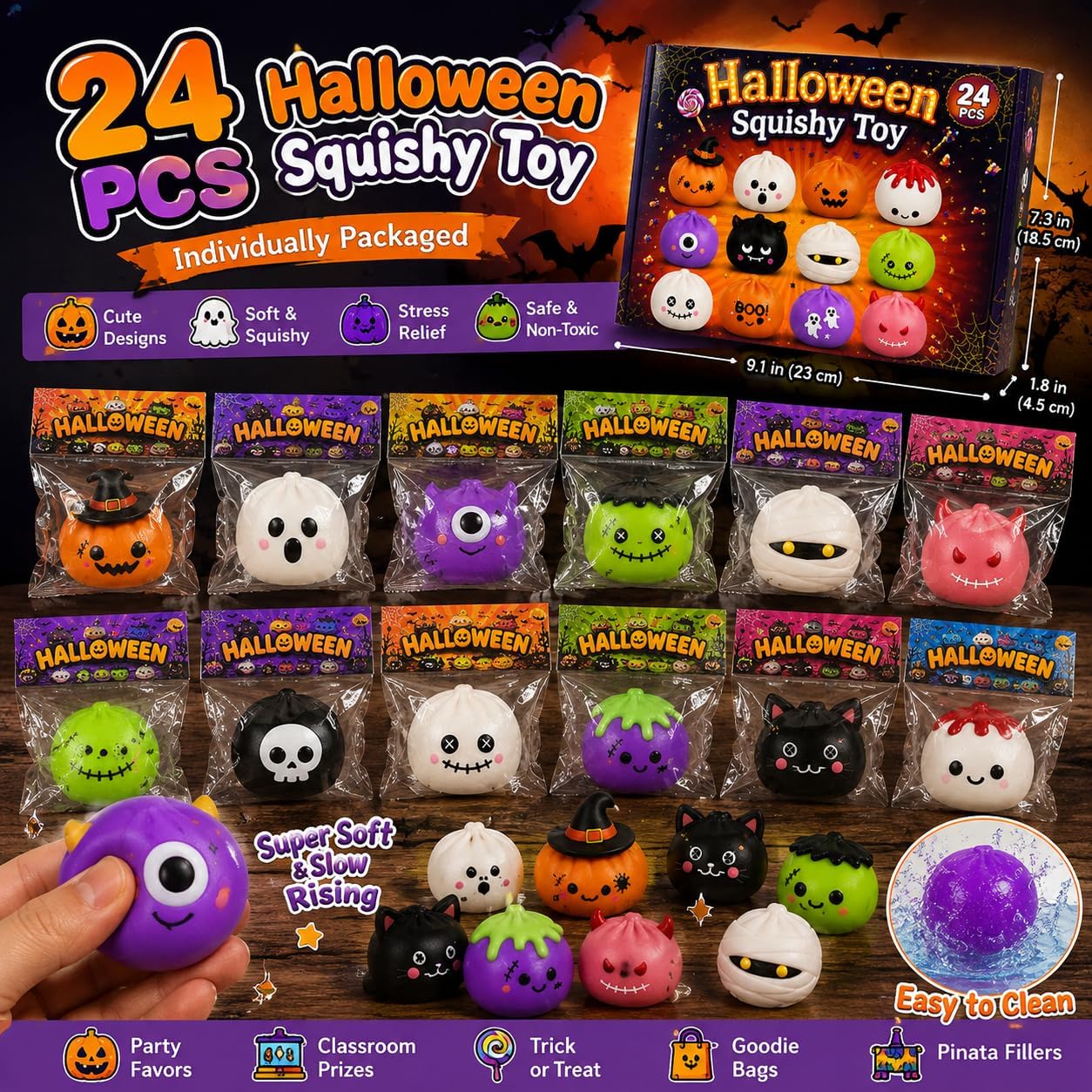 24 PCS Halloween Mochi Squishy Toys for Adult,Individually with Gift Cards