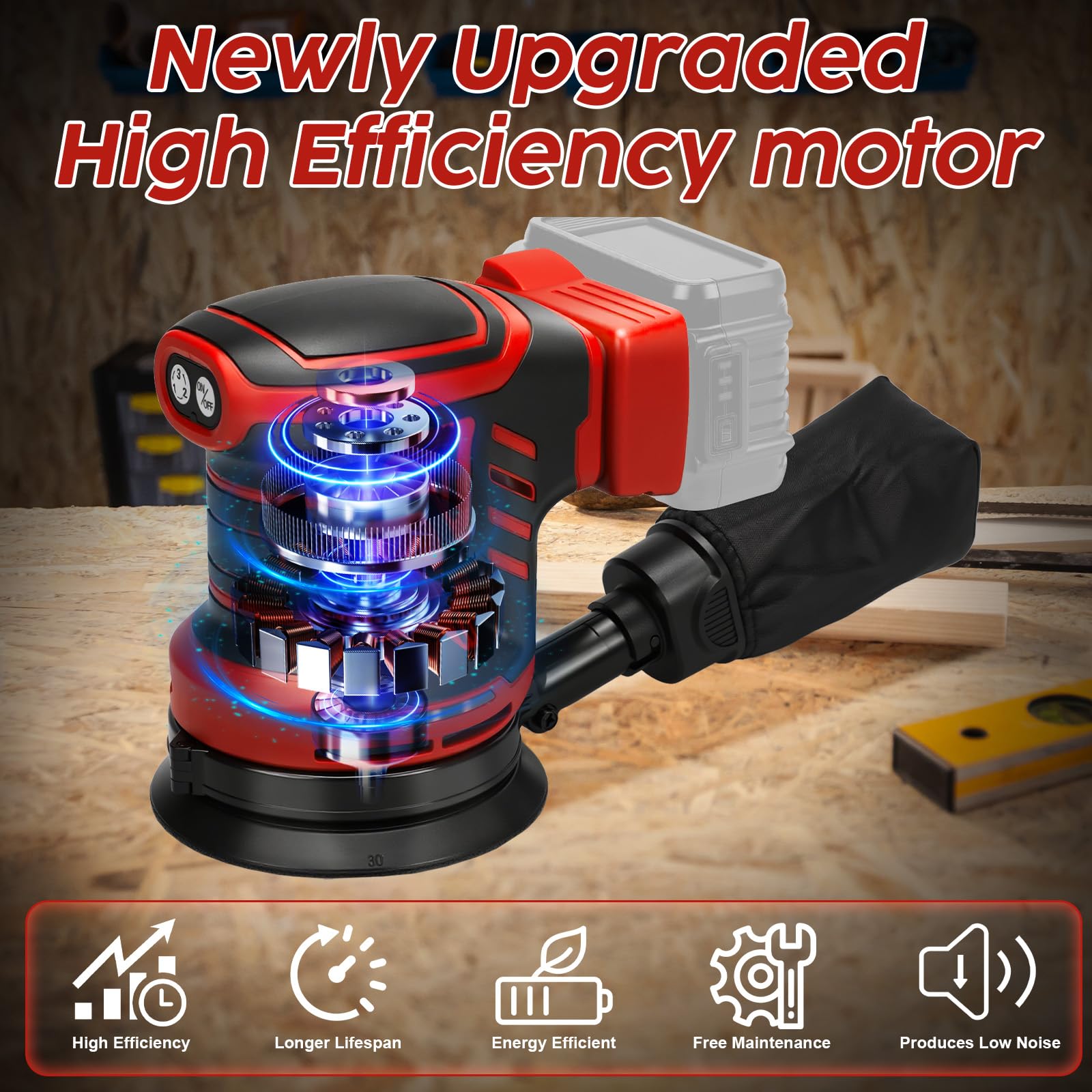 Lijadora orbital para Milwaukee M18 18 V batería, 125 mm, 3 velocidades, orbital Sander 7000-11000 rpm, entregado con 15 discos abrasivos, ideal para el trabajo de madera profesional