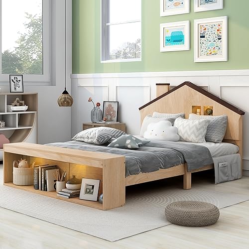 Miniatura 31 de Cama de plataforma de madera de tamaño individual con cabecera en forma de casa, soporte de listones de madera, para dormitorio de niños, niñas,