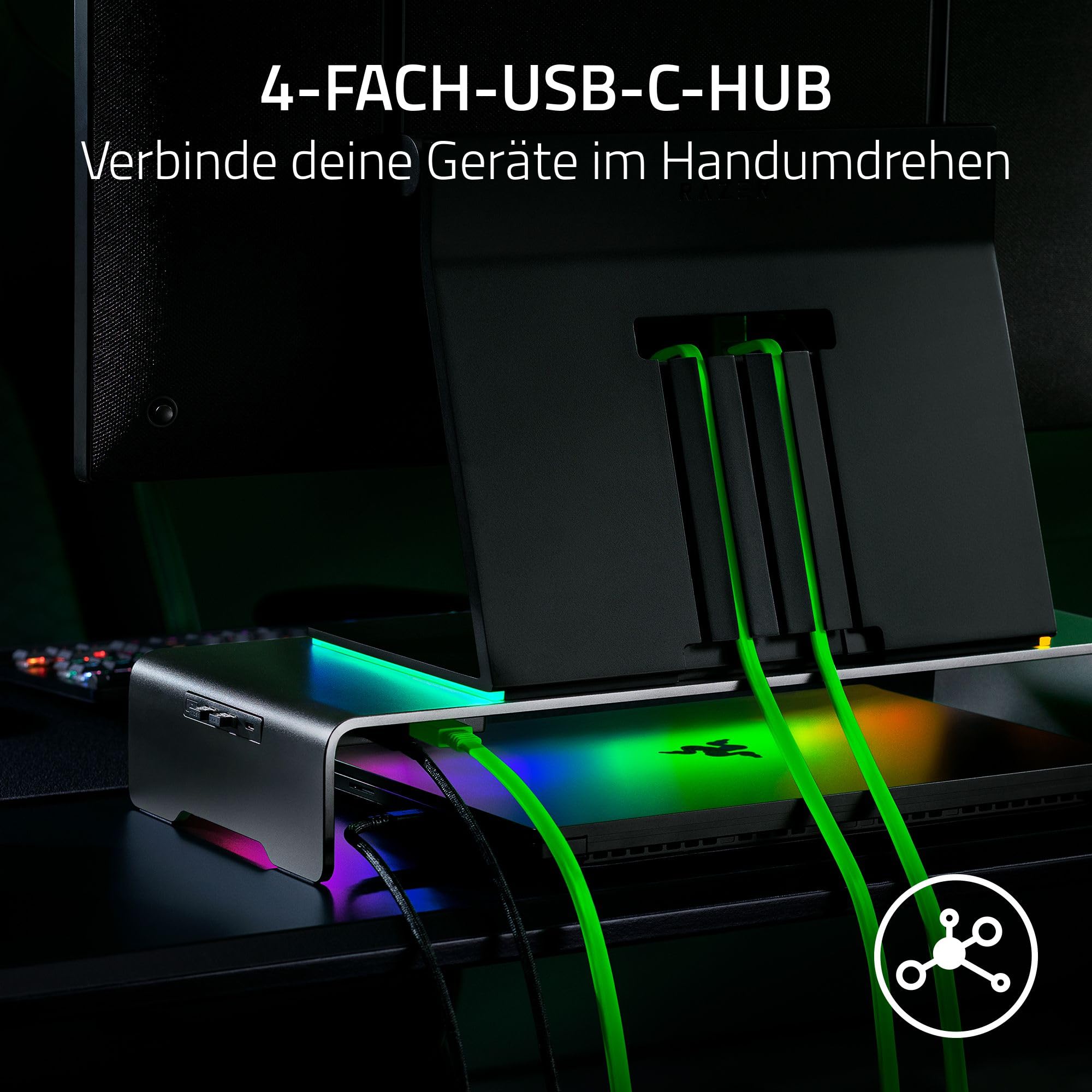 Razer Monitor Stand Chroma - Aluminium Monitor Ständer mit 4-fach-USB-C Hub mit Chroma RGB (50cm x 21cm x 7,85cm, Robuste Konstruktion, 20 kg Traglast, Ergonomische Höhe) Schwarz