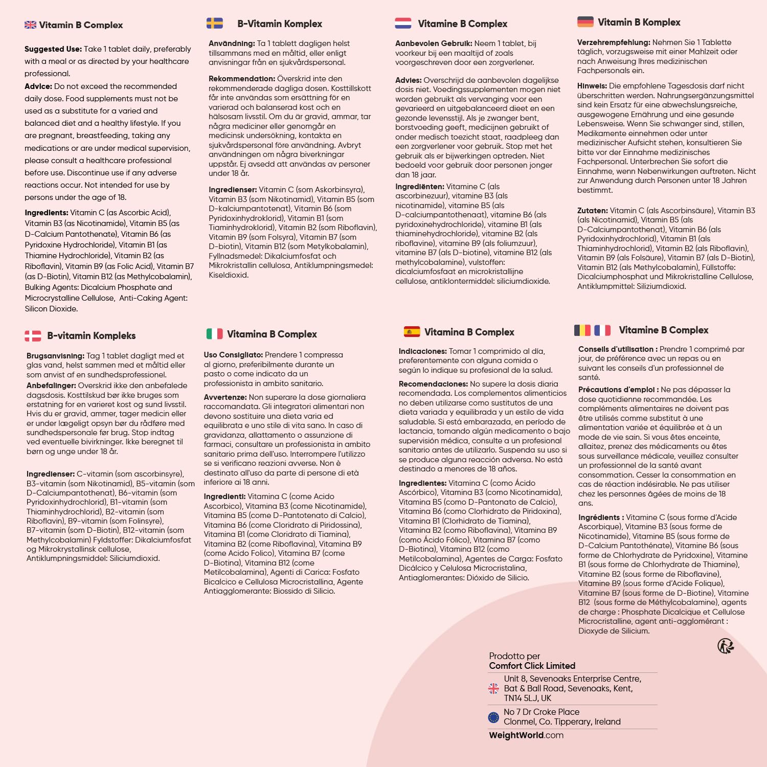 Vitamina B Complex, 365 Compresse Vegane, 1 al Giorno (1 Anno), con Biotina, Acido Folico, Riboflavina, Inositolo, Vitamina B12, B1, B3, B4, B5, B6 e Vit C (Acido Ascorbico), Senza Magnesio Stearato