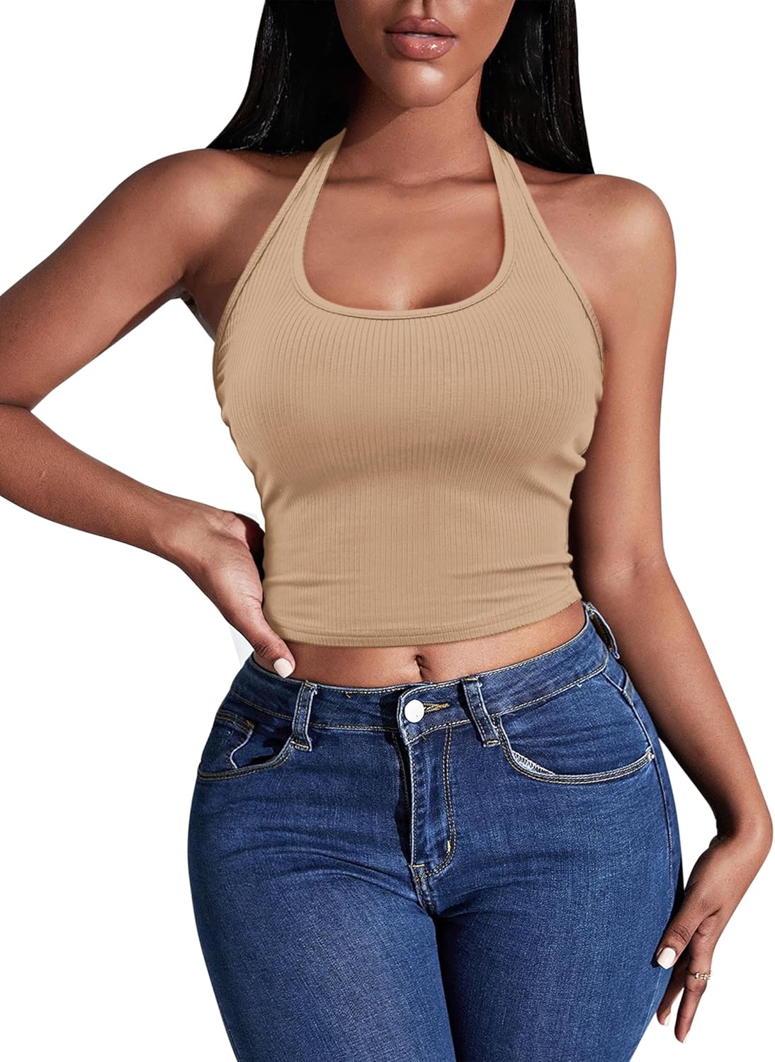 Ekouaer Women Halter Top Backless Scroop Neck Slim Stretchy Ribbed Knit Camisole Crop Tops S-XXL - Image 2