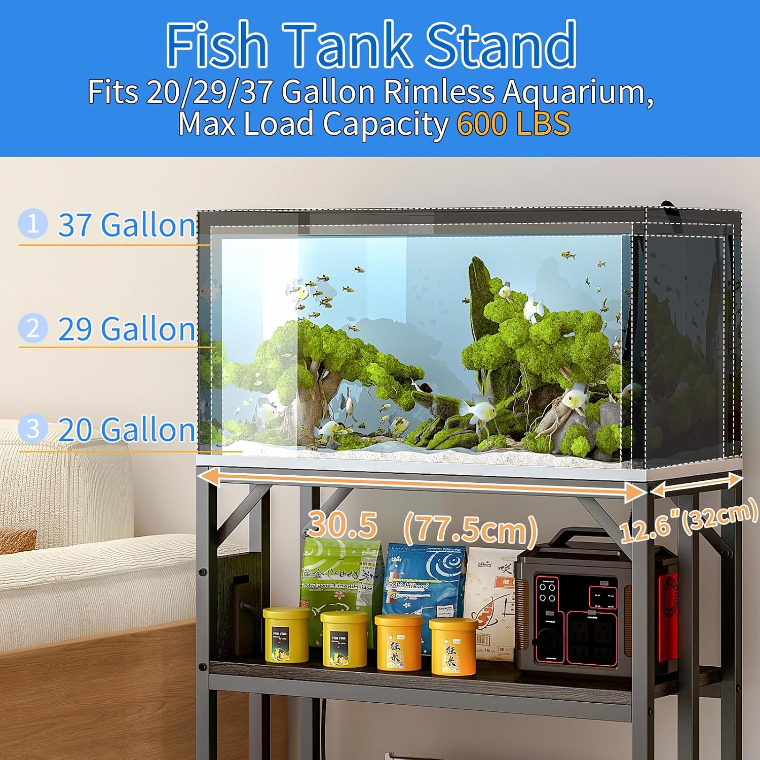 METYERRY 20-29-37 Gallon Fish Tank Stand with Power Outlet,Adjustable Aquarium Stand, Heavy Duty Terrarium Stand,Metal Frame Reptile Turtle Tank Stand Suitable for Home Office,600LBS Capacity, Black