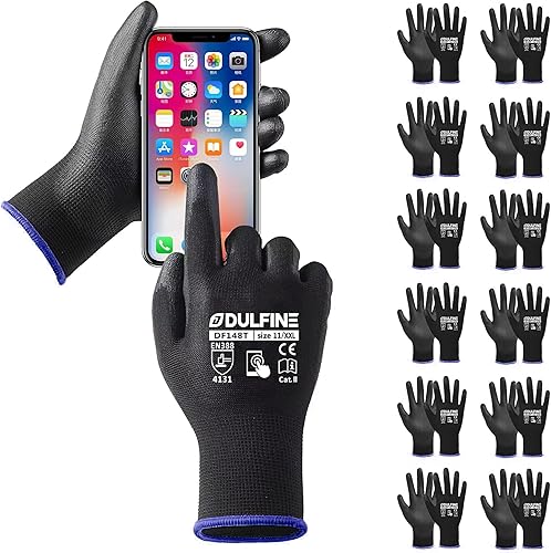Vista 63 de Guantes de trabajo de seguridad con revestimiento de poliuretano, 12 pares, guantes de punto sin costuras azul con revestimiento de poliuretano