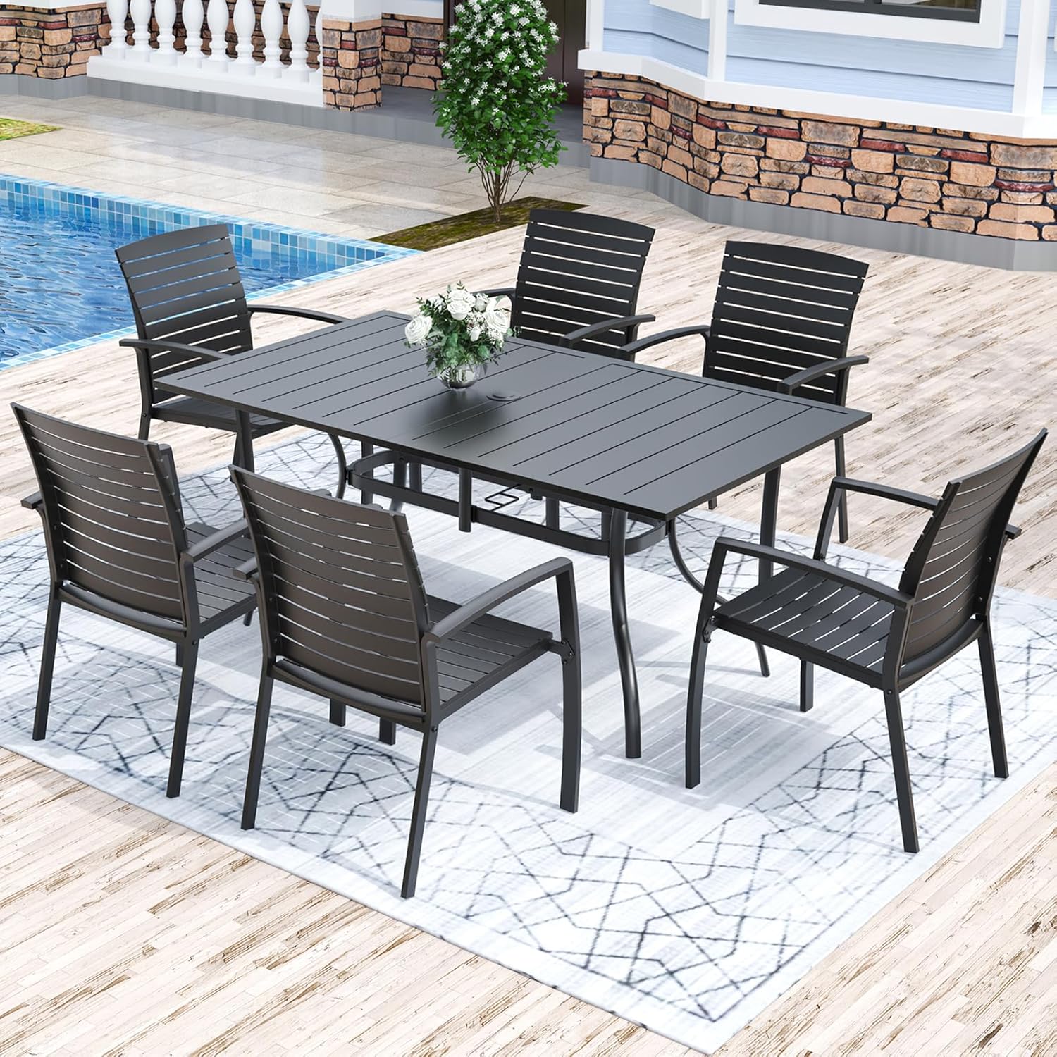 Anmutig 7-Piece Outdoor Patio Dining Set, Outdoor Furniture with 6 Stackable Patio Aluminum Chairs and Rectangle Dining Table for Backyard Bistro Garden Poolside Black