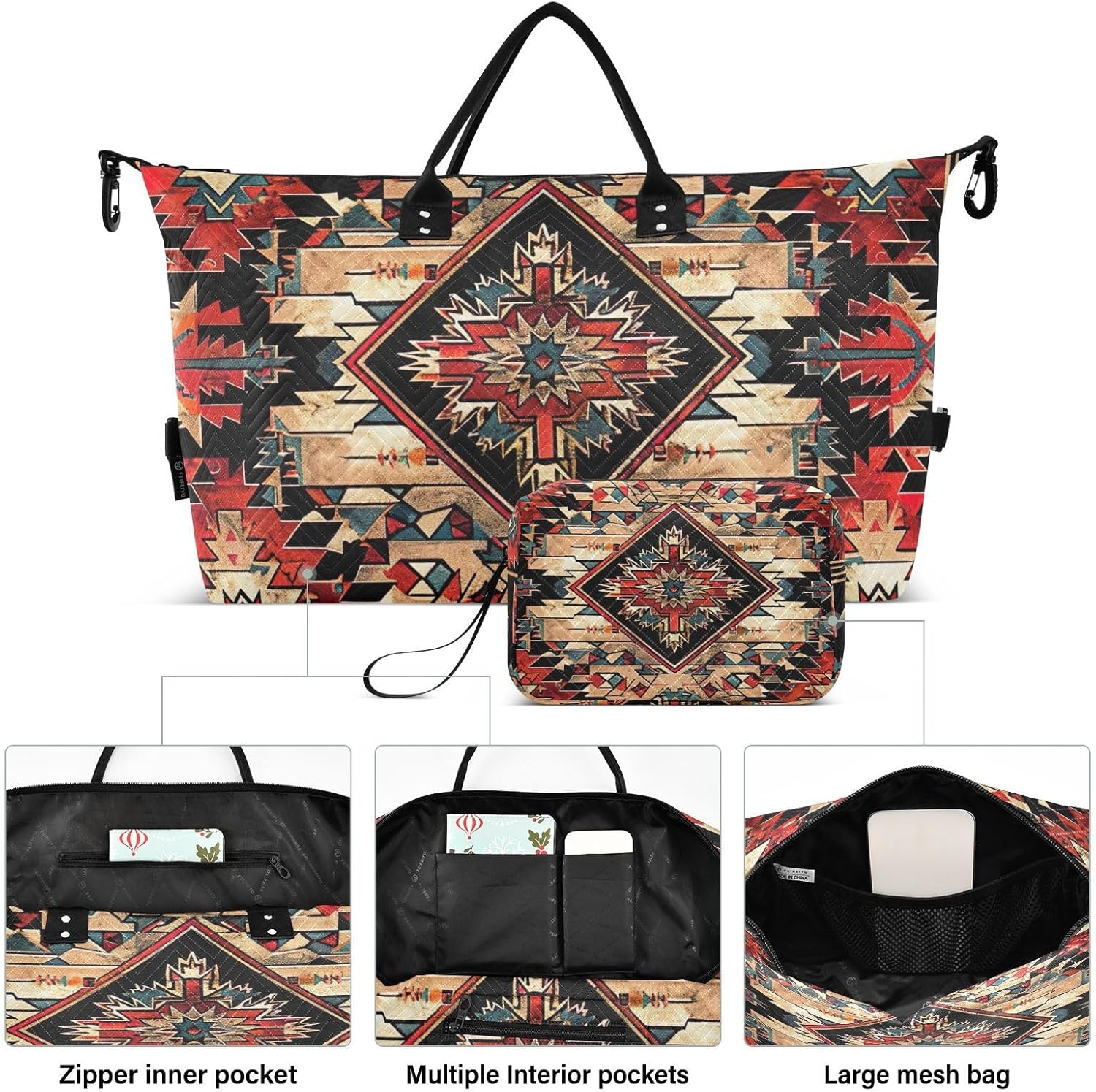 Travel Duffel Bag Large Weekender Overnight Bags for Women Men, Southwestern Pattern Gym Bag with Toiletry Bag