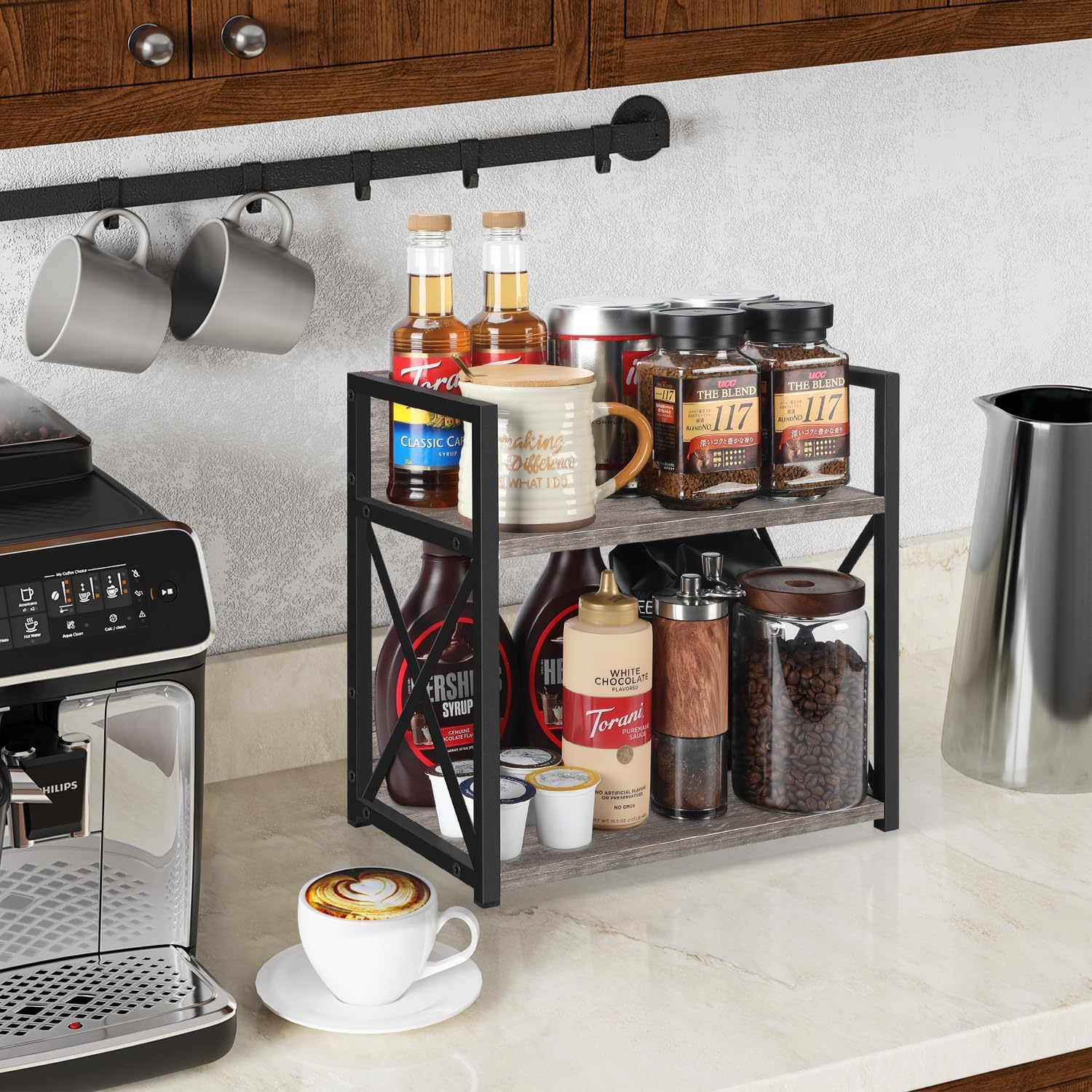 yinmit countertop shelf organizer,coffee bar accessories,spice rack,coffee counter shelf,2 tier coffee organizer station for mugs,cups,cream,syrup(rustic grey, medium) rustic grey medium