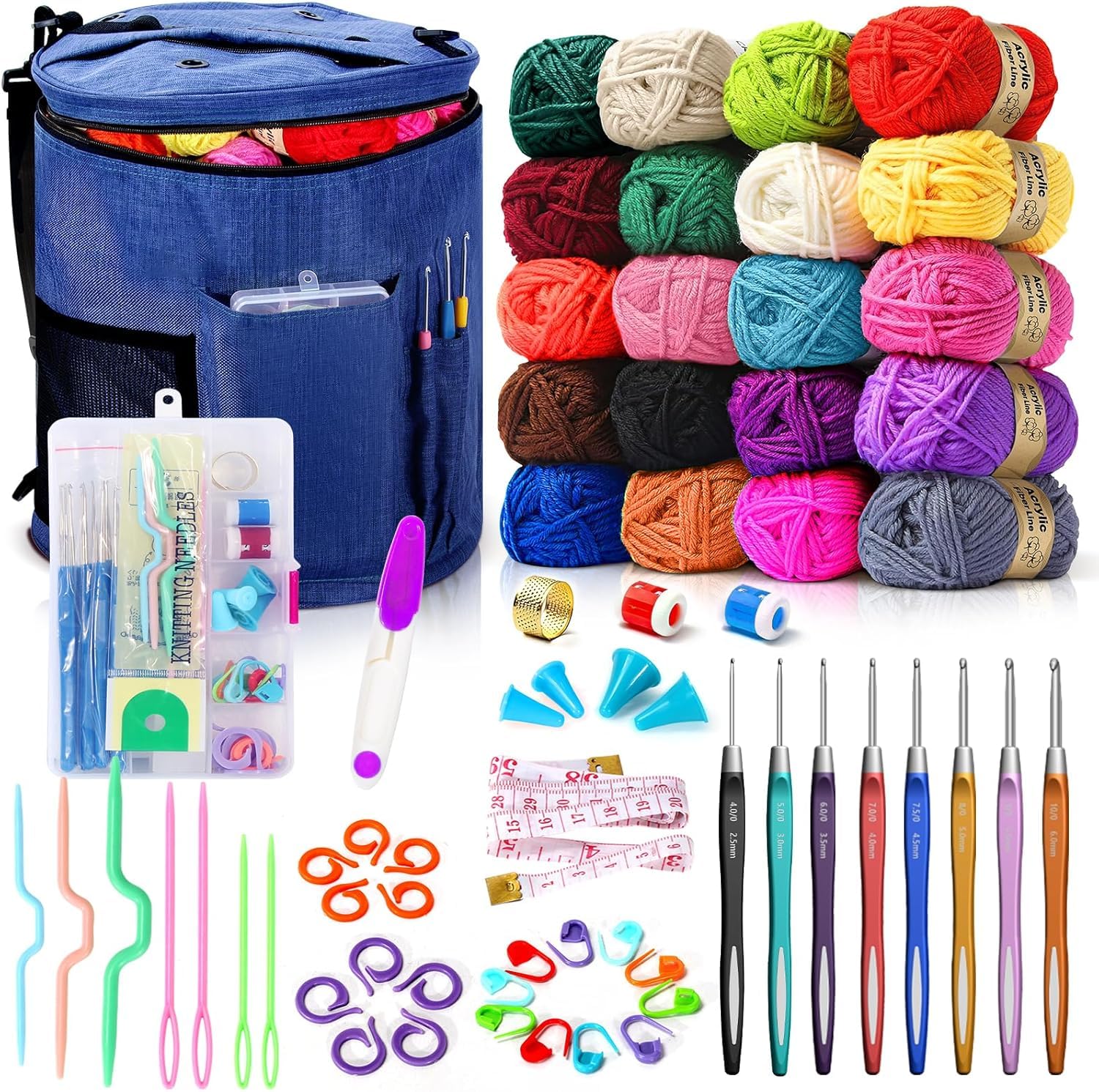 75 Farben Häkelwolle Set, Große Stricktasche, 20 Garnfarben,