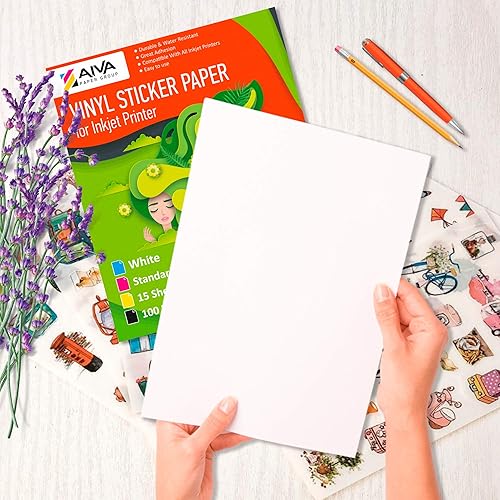Miniatura 7 de Papel adhesivo de vinilo imprimible, papel de calcomanía impermeable para impresora de inyección de tinta, 70 hojas autoadhesivas, blanco mate,