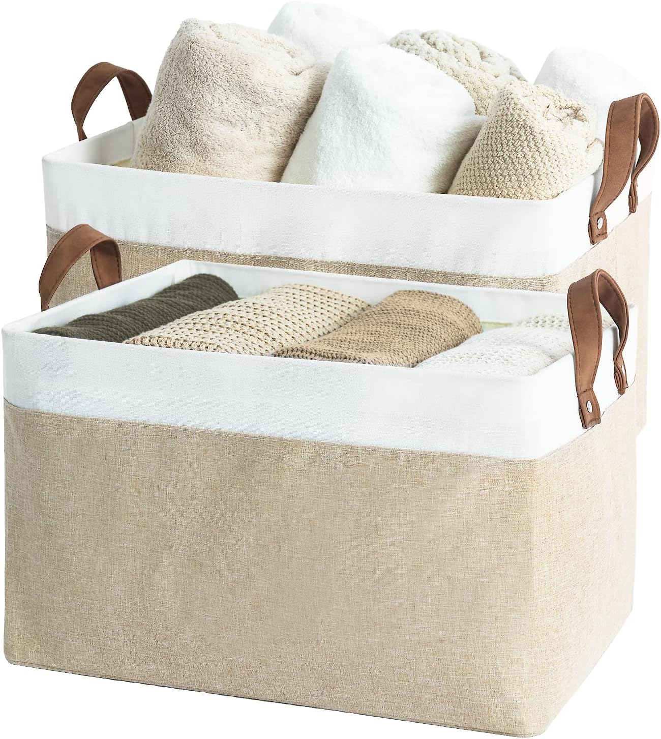 StorageWorks Storage Baskets for Shelves with Metal Frame, Canvas Storage Bins, Baby Gift Basket, White and Light Brown, 2-Pack