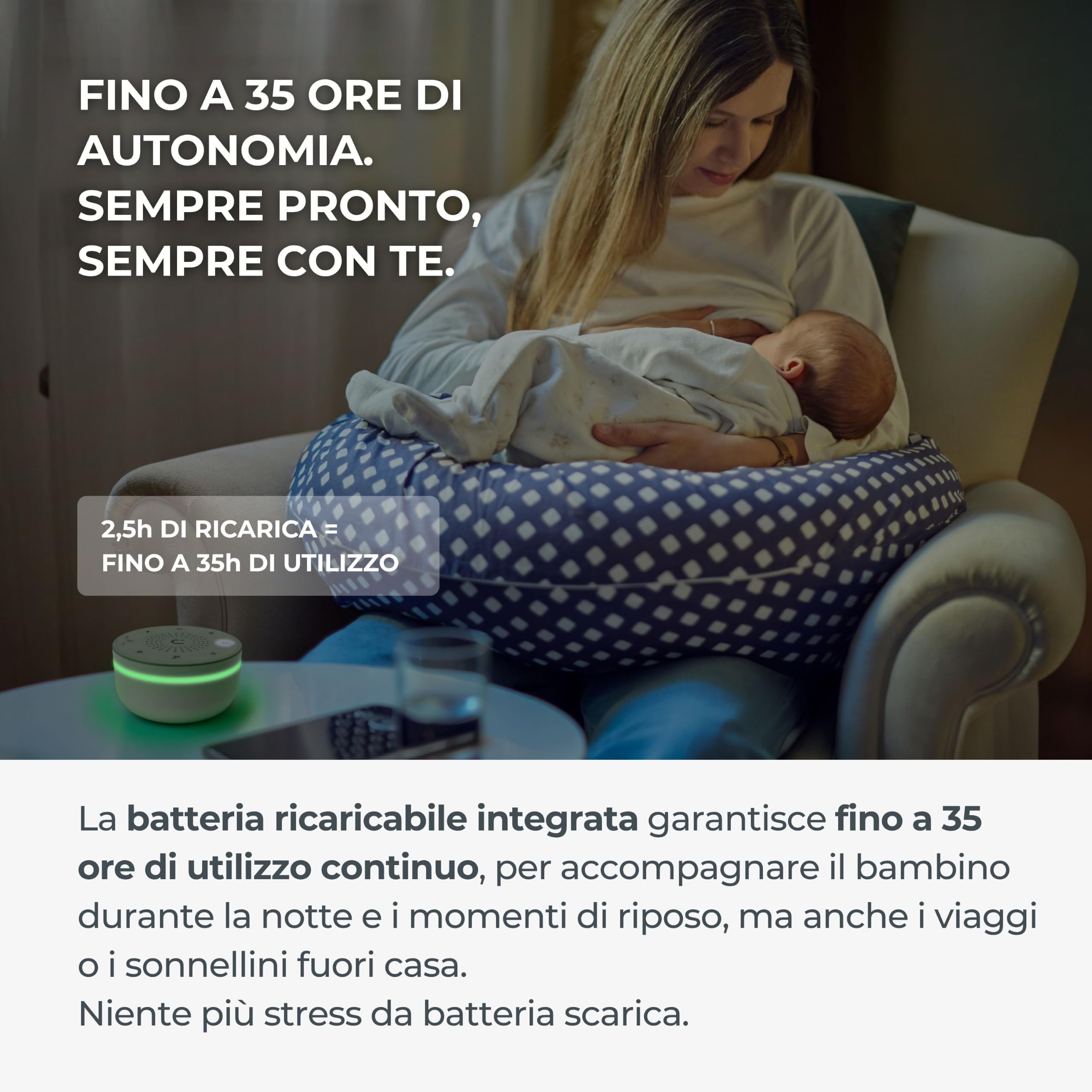 Nuvita 6620 Easy Dream Macchina Rumore Bianco e Luce Notturna – 30 Suoni Hi-Fi, 5 Colori Luce, Ricaricabile, Timer, Fino a 35h di Autonomia