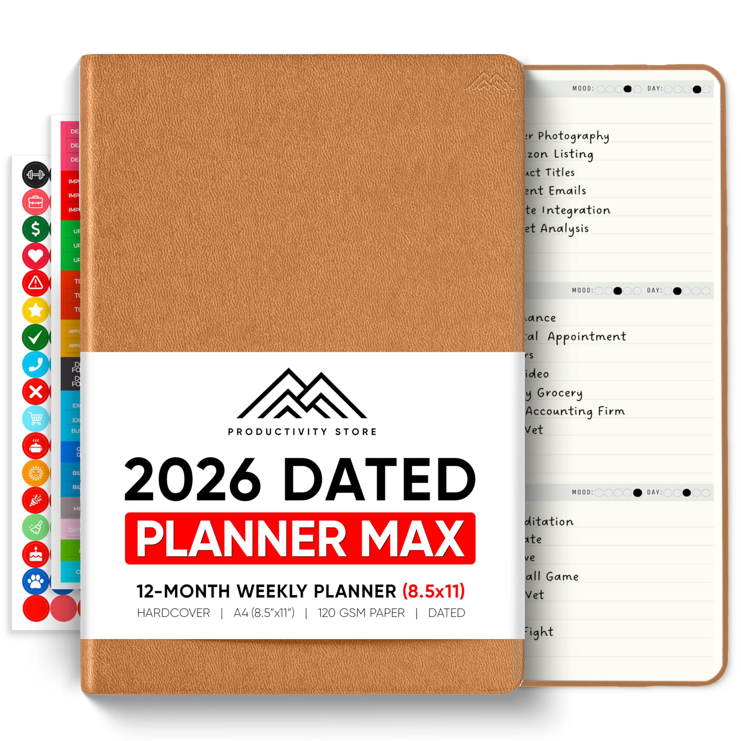 Agenda 2025 con fecha, 8.5 x 11 pulgadas, la agenda de productividad número 1 para lograr tus objetivos 2025, agenda 2025-2026 de PRODUCTIVITY STORE (A4, marrón)