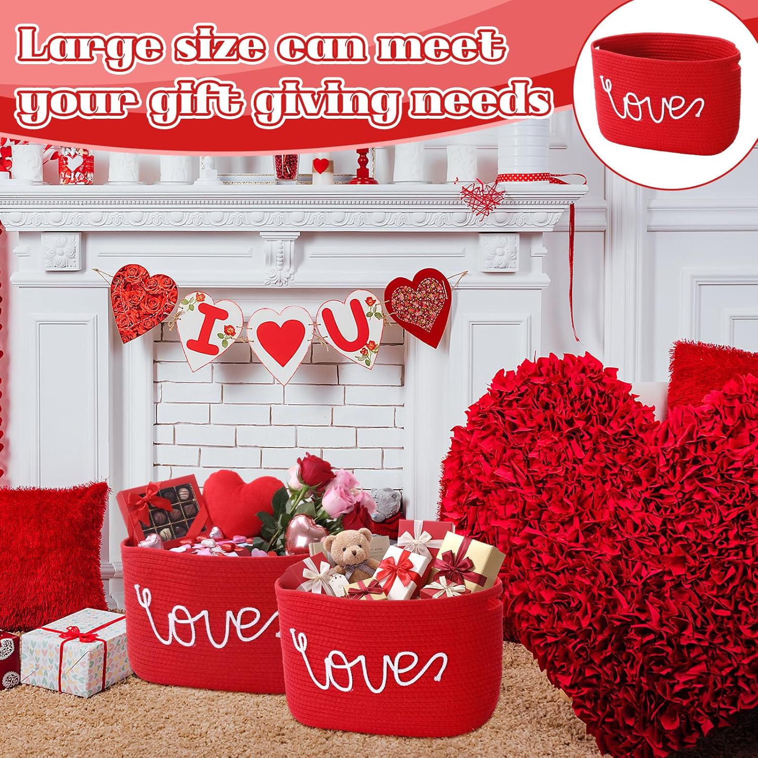 Willinglong 2 Pack Mother's Day Woven Baskets for Storage with Handle, Cotton Rope Baskets with "love" Design, Large Decorative Organizers for Nursery, Gift Basket for Mom Wife, 15 x 10 x 9 Inch (Red)
