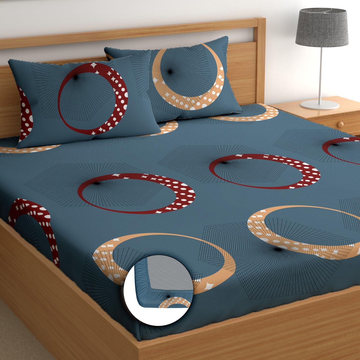 DREAMLET Premium Glace Cotton Elastic Fitted Bedsheets with 2 Full Size Pillow Covers Double Bedsheet with All Around Elastic Supersoft 160TC Size 90×100 inches (Navy & Multi Circles, Fitted)