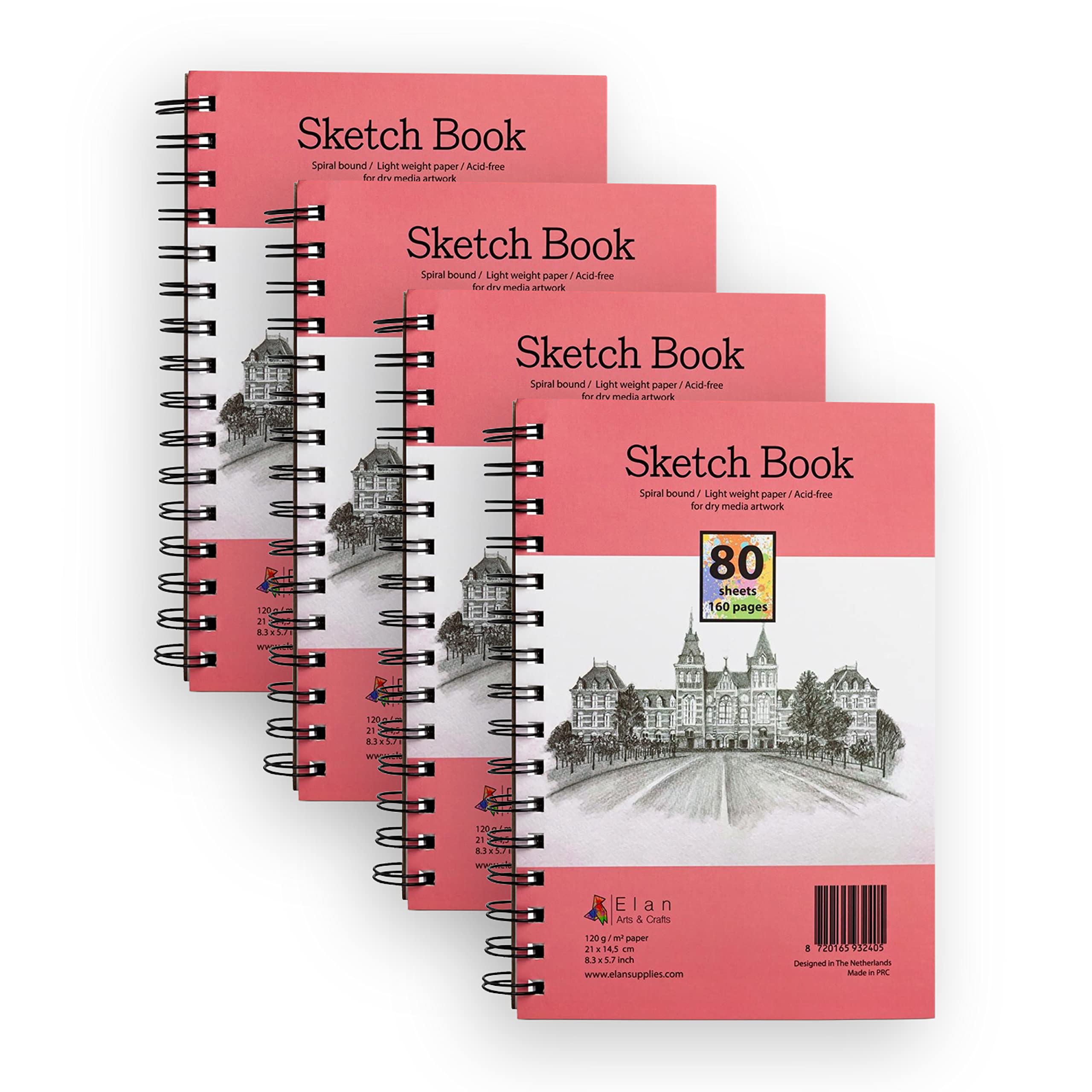 Elan Sketch Book A5 (4 Pack), 320 Sheets 120gsm Paper, A5 Sketchbook Spiral Bound Made for Artists, A5 Art Book, Sketching Pad A5, Lightweight Drawing Book, Sketchbook A5, Small A5 Sketch Pad A5