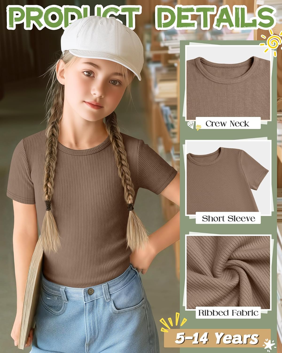4 Pcs Girls Short Sleeve Ribbed Knit Shirts Crew Neck Tops Slim Basic Solid Casual Cute Tees Size 5-14 - Image 5