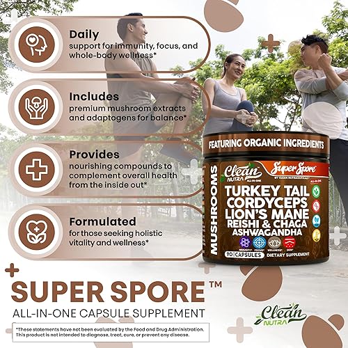 Miniatura 5 de Clean Nutra SuperSpore - Cápsulas de hongos, cola de pavo, cordyceps, melena de león, reishi, chaga, ashwagandha, veganas, sin OMG, sin gluten,