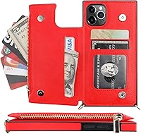 Vista 3 de Bocasal Funda tipo cartera cruzada para iPhone 11 Pro con tarjetero, protector de ranura para tarjetas con cremallera, a prueba de golpes, con Rojo