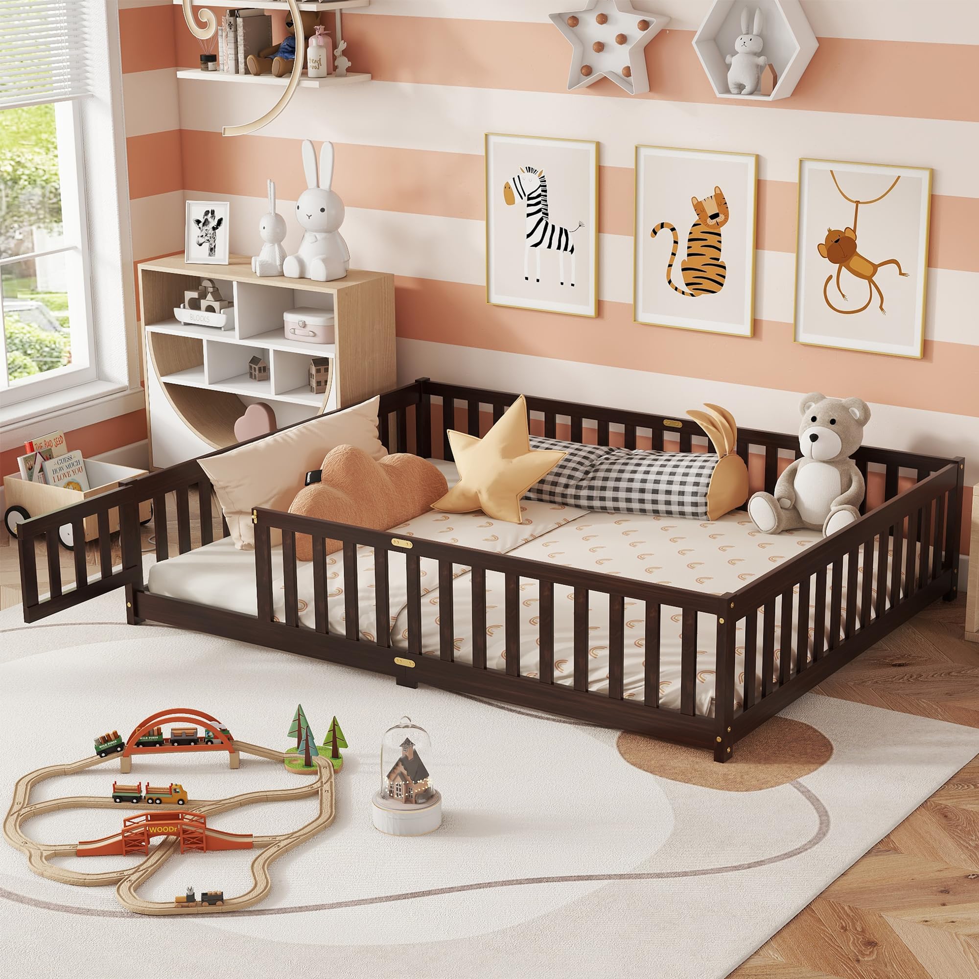 Queen Floor Bed with Safety Guardrails for Kids, Rubber Wood Montessori Bed with Slats and Convertible Door,Queen Size Bed Frame for Girls and Boys,No Box Spring Needed,Espresso