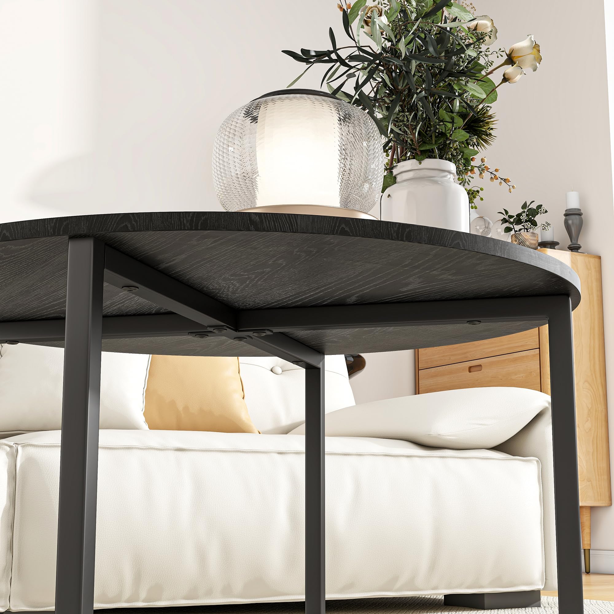 HOJINLINERO Table basse ronde pour salon avec pieds en métal, table de cocktail avec aspect bois, facile à assembler, noire