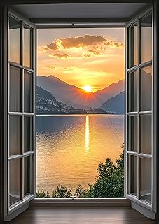 WOOHOOROO Peel and Stick Fake Window-Stunning Lake Sunset View with Golden Reflections,Distant Mountains and Cozy Wooden Interior Mural,36" x 24"