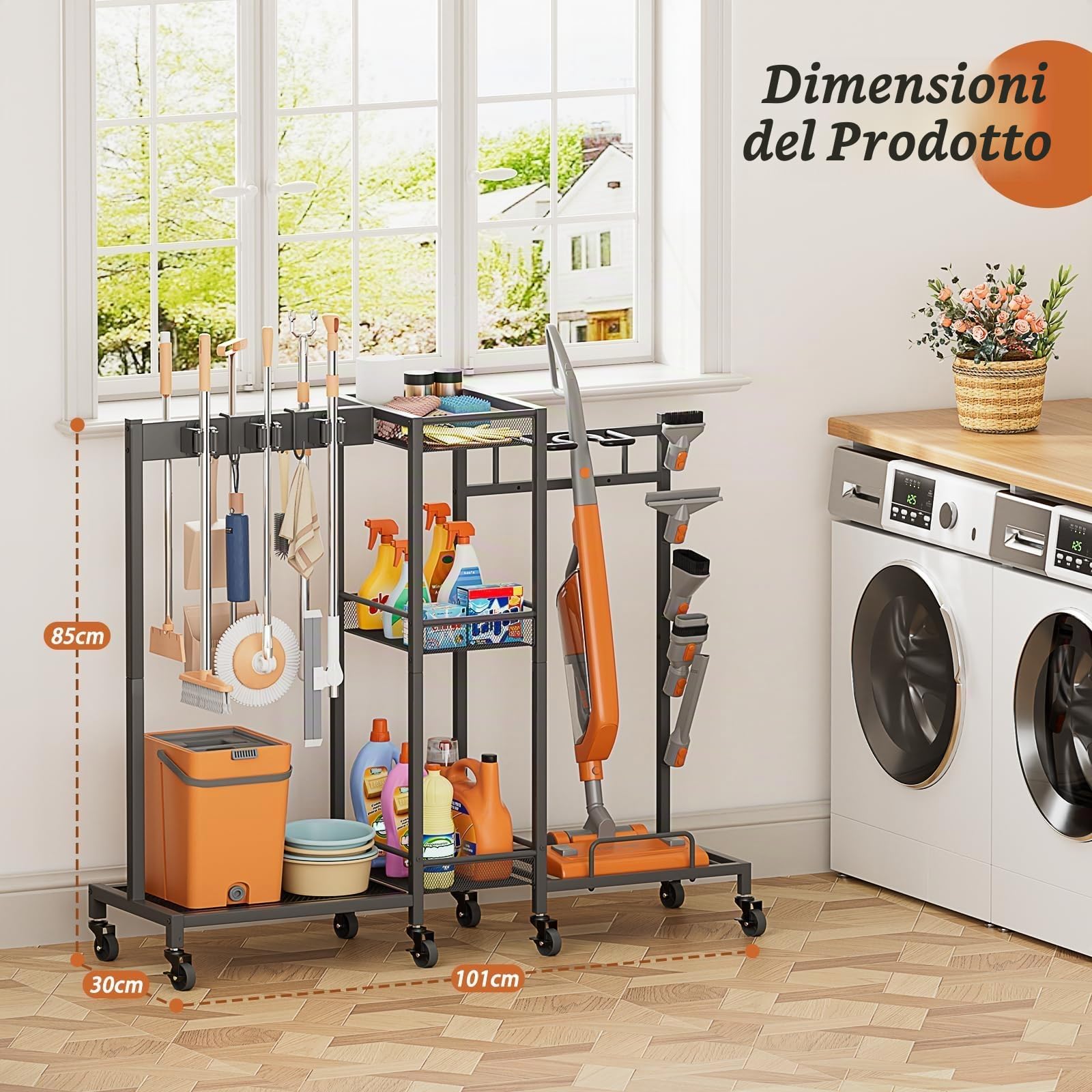 Bikoney Portascope e Organizer Prodotti Pulizia, Carrello Pulizie con Ruote e Armadietto, Mobile Porta Scope e Mocio con Supporto Aspirapolvere, Carrello Multiuso per Casa e Lavanderia