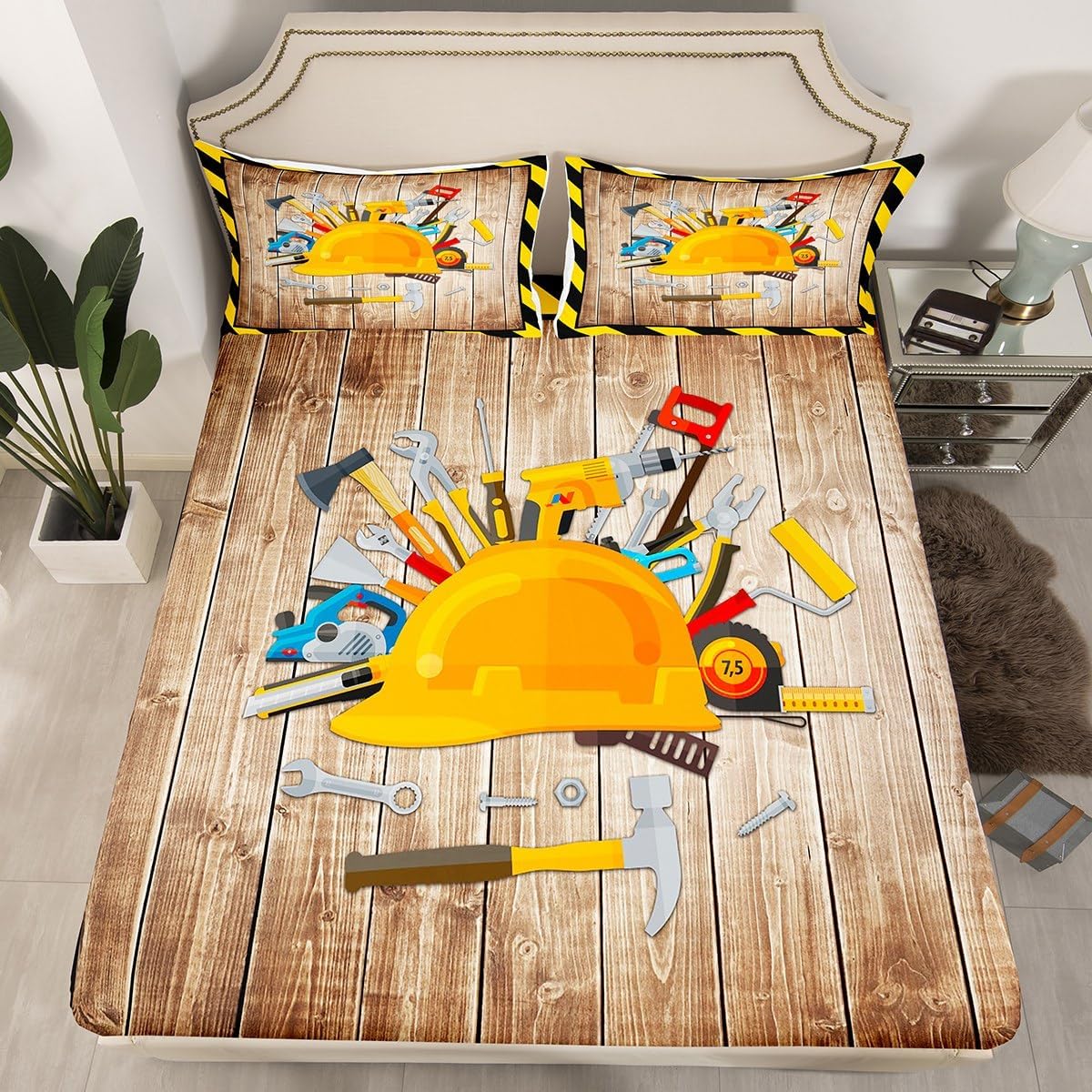 Construction Bed Sheet Set King,Yellow Worker Helmets Cartoon Repair Tools Bedding Sets for Bedroom Decor,Vintage Splicing Wooden Stripes Country Decor Fitted Sheet + Flat Sheet + 2 Pillow Cases