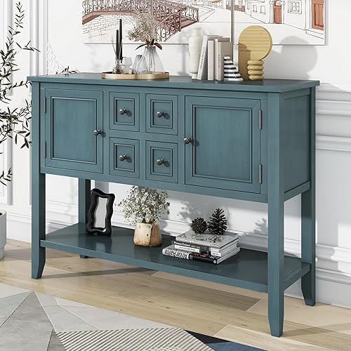 Miniatura 26 de Mesa de consola buffet aparador sofá mesa auxiliar de entrada con 4 cajones de almacenamiento, 2 armarios y estante inferior para sala de estar Gris