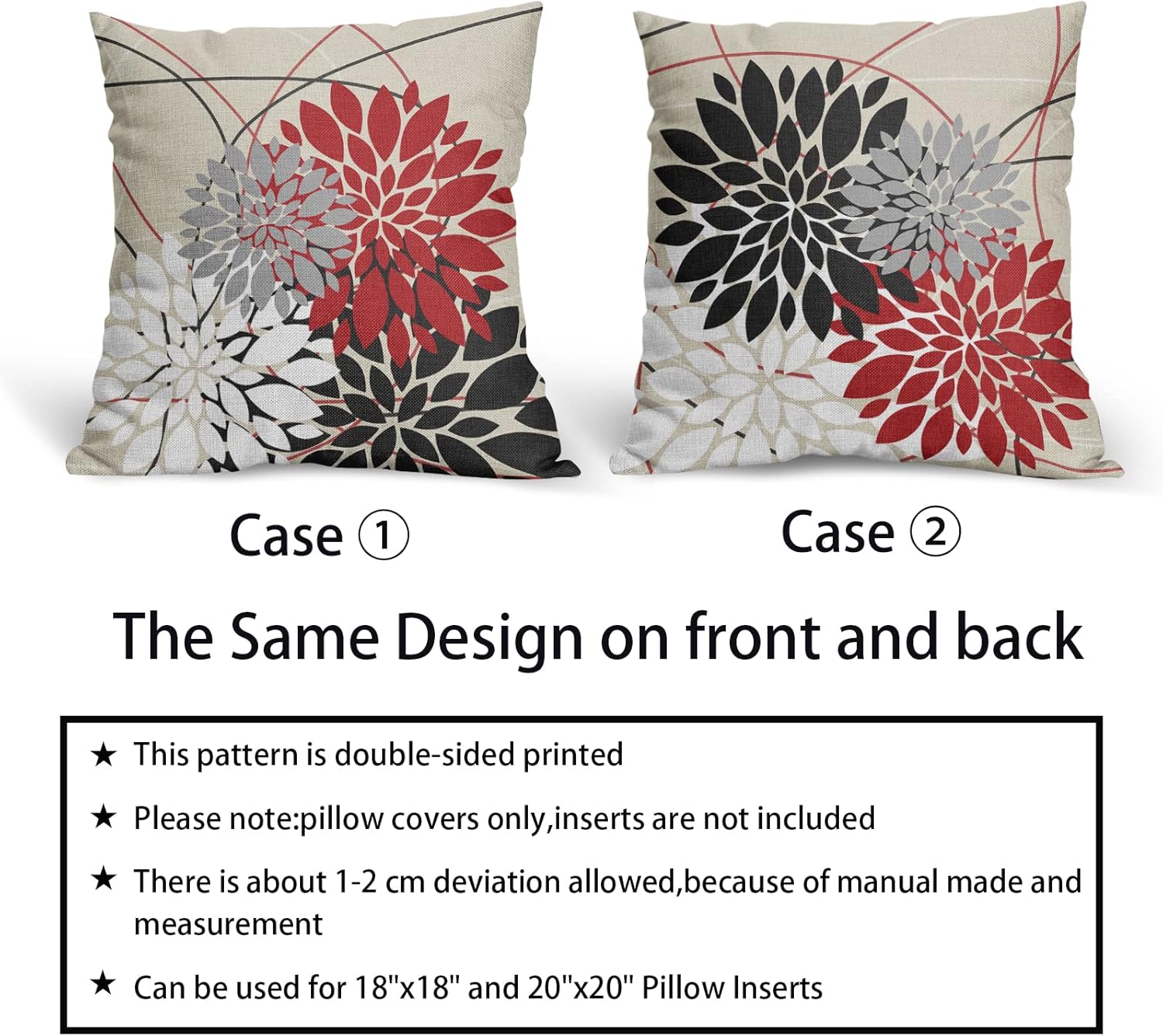 Black Red Throw Pillow Covers 20x20 Inch Dahlia Flower Decorative Pillows Modern Geometry Floral Outdoor Farmhouse Pillowcase Linen Square Cushion Case Decor for Home Sofa Couch Bed, Set of 2