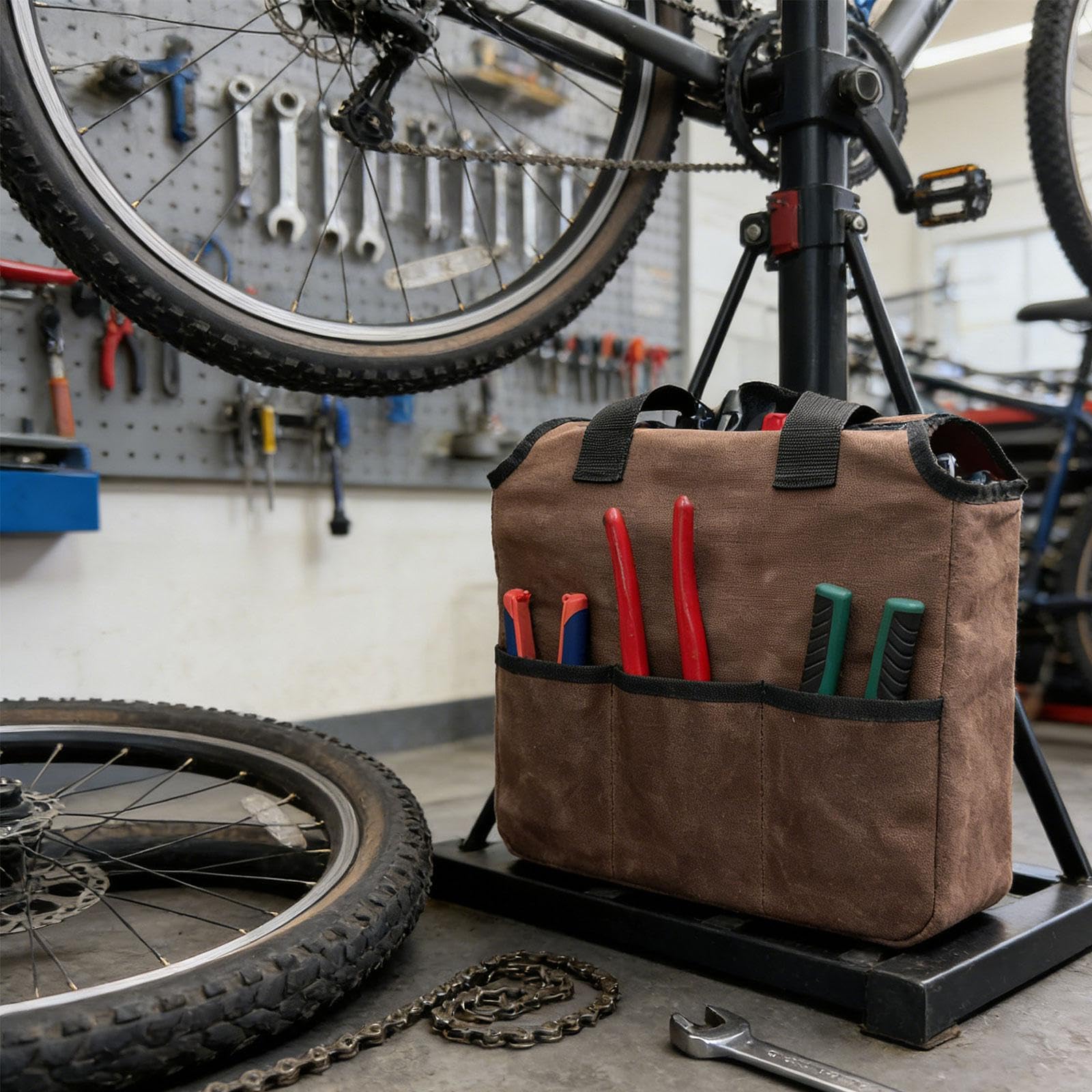 Bolsa de herramientas resistente para herramientas de jardín, bolsa de almacenamiento de lona encerada de 12 x 5 x 14 pulgadas con bolsillos, llaves y organizador de tijeras
