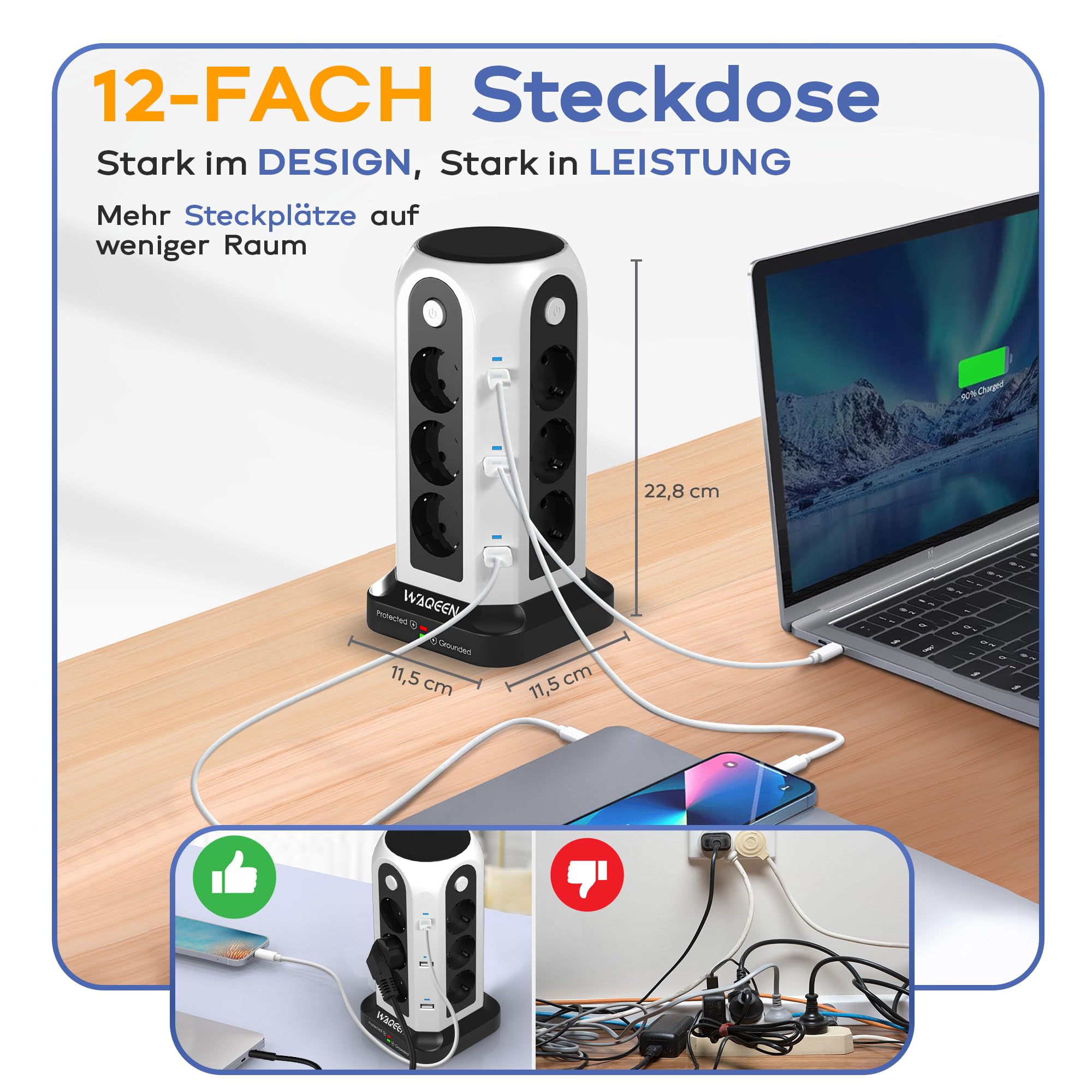 Steckdosenturm mit USB C & A, Überspannungsschutz, Mehrfachsteckdose | 12 AC Steckdosen, 2 USB-C & 4 USB-A, 4 Schalter, 2 m Kabel, feuerfestes Material, ideal für Büro, Küche & Zuhause