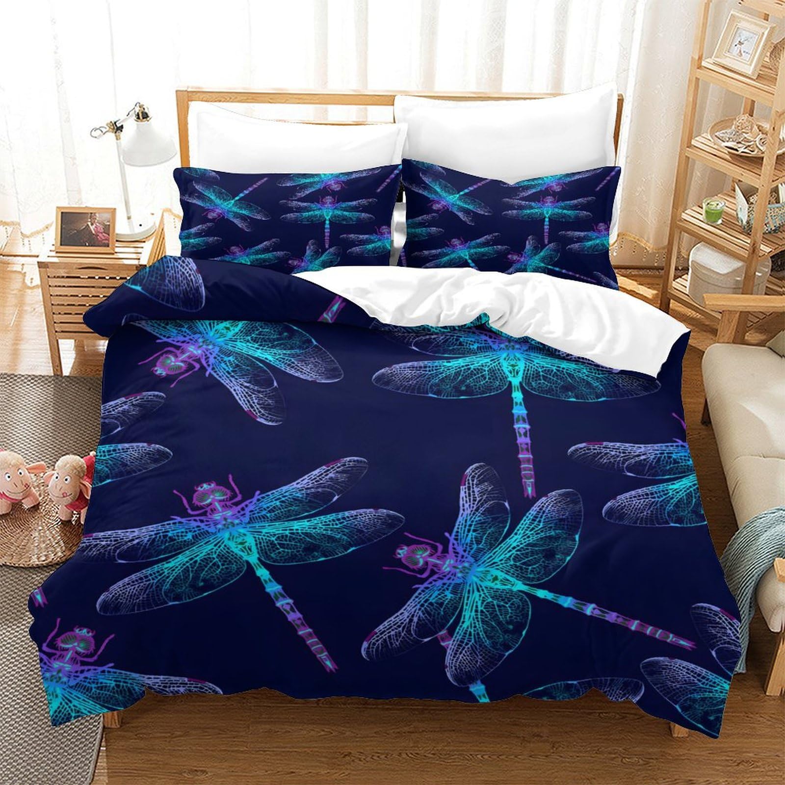 LIAOHENKAN Dragonfly - Dark Blue Bedding Set Full Size Comforter Set 3Pcs for Teens Adults Breathable Quilt Set with Zipper Closure Ultra Soft Duvet Cover Set 3D Quilt Set Single（140x200cm）